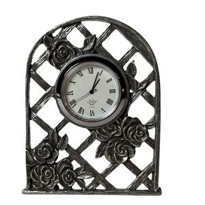 Kirk Stieff Pewter Lenox Clock Rose Lattice Desk Clock Floral Silver Tone Quartz